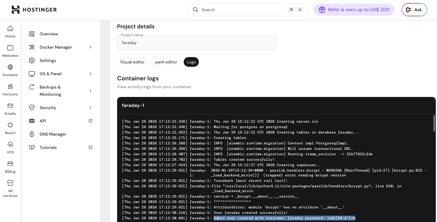 faraday-1 container logs