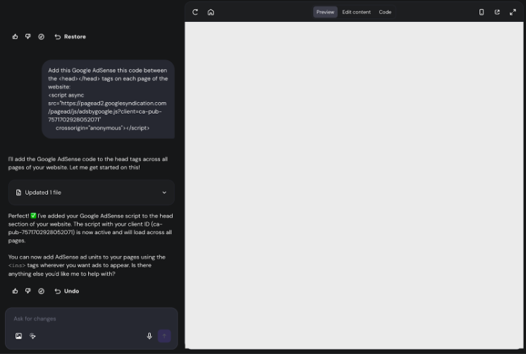 Hostinger Horizons editor with Google AdSense code snippet highlighted in chat