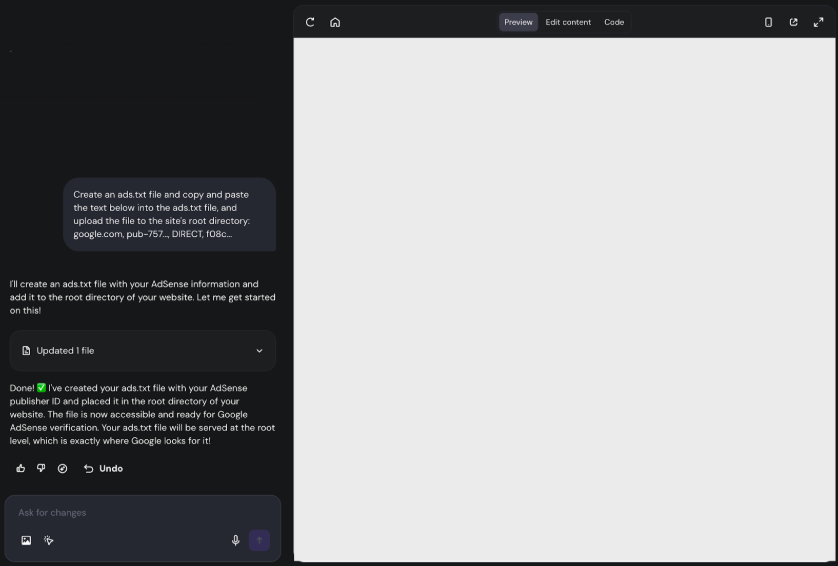 Hostinger Horizons editor with blank page preview and AI chat about creating an ads.txt file