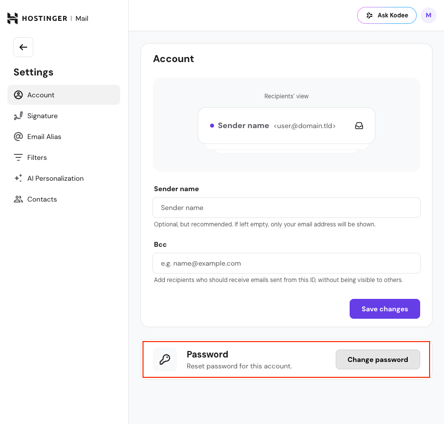 Account settings page