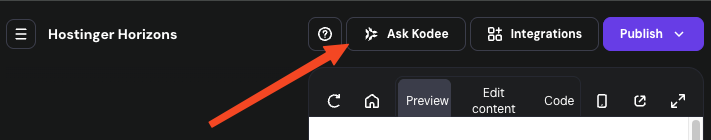 The Ask Kodee button to contact Hostinger support is in the top-right corner of the Horizons platform.