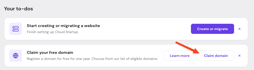 The option to claim a free domain from hPanel home page.