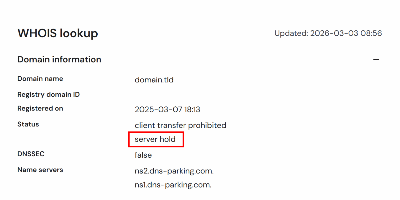 How to fix ServerHold domain suspension at Hostinger
