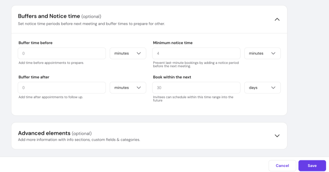 Store manager product settings with buffers and notice time fields for appointments