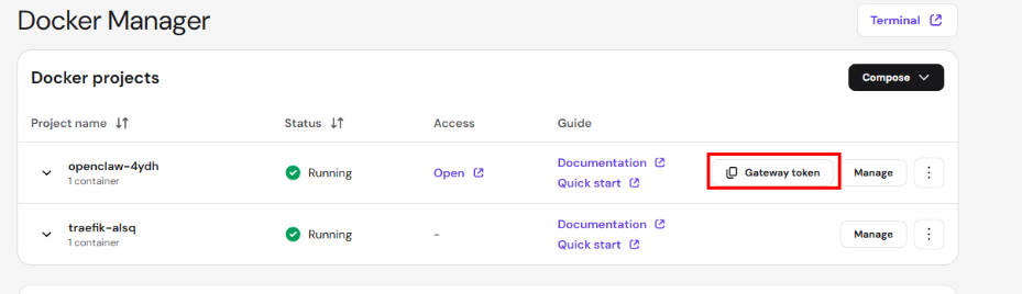 Docker Manager project list with Gateway token button highlighted for openclaw-4ydh