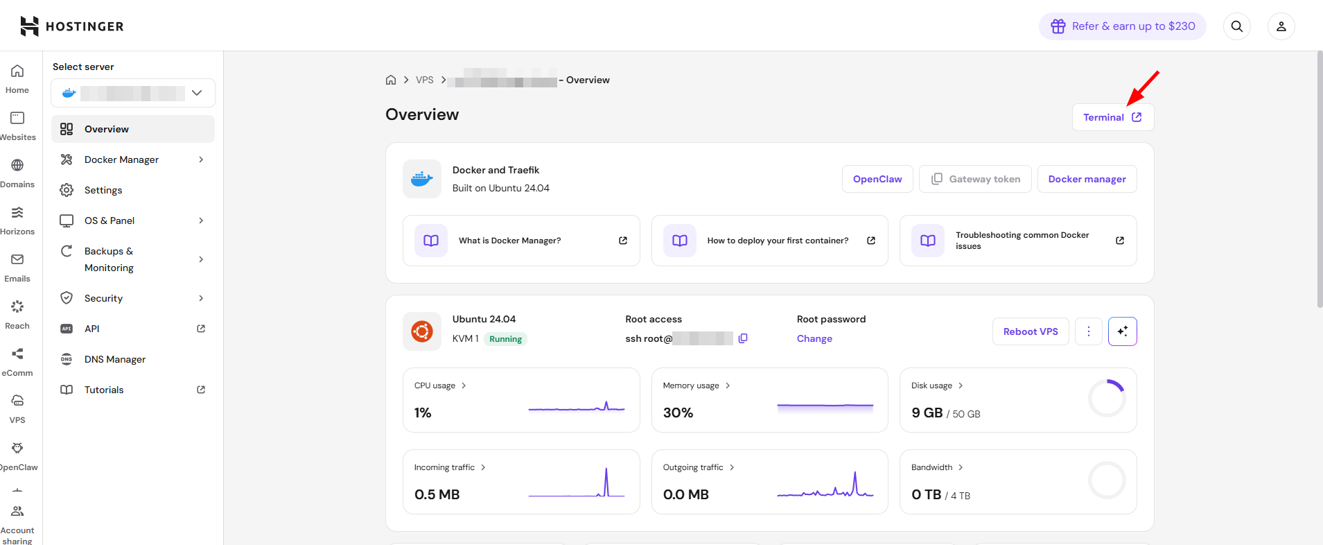 Hostinger VPS overview with the Terminal button highlighted at top right