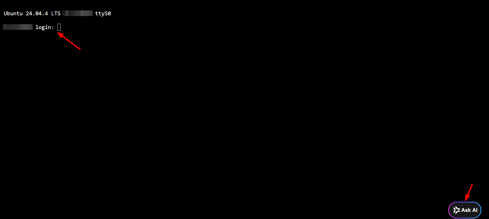 Ubuntu tty login prompt with cursor in the login field and an Ask AI button at bottom right