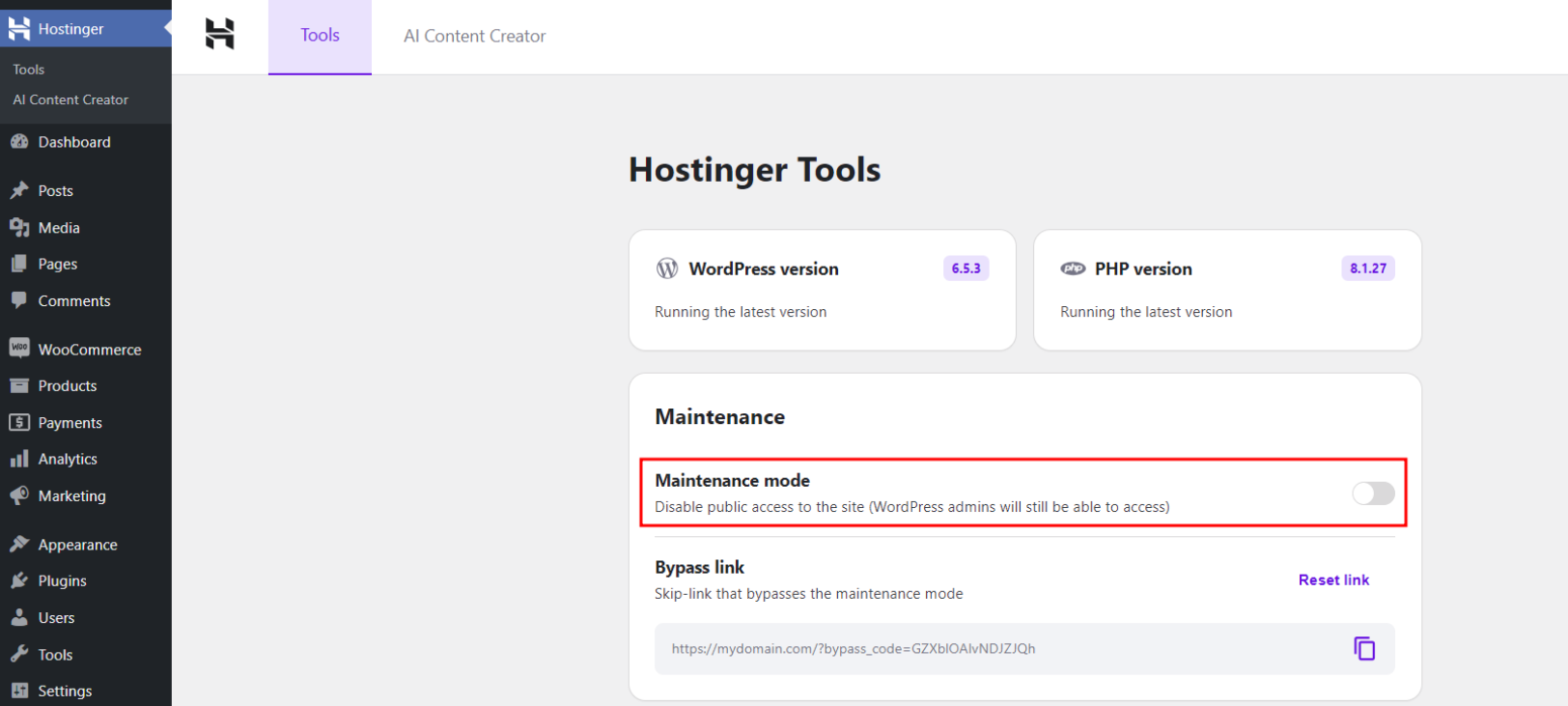 Hostinger Tools maintenance mode toggle in WordPress dashboard, currently off