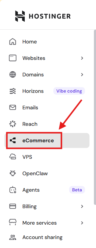 Hostinger dashboard sidebar with eCommerce menu item highlighted