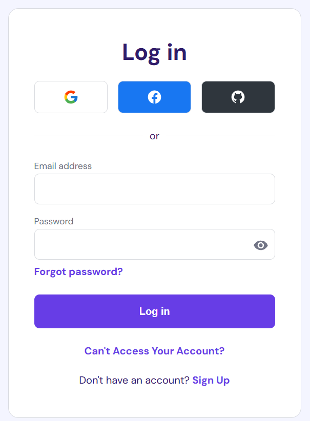 Login screen with email and password fields, social sign-in buttons, and a purple Log in button
