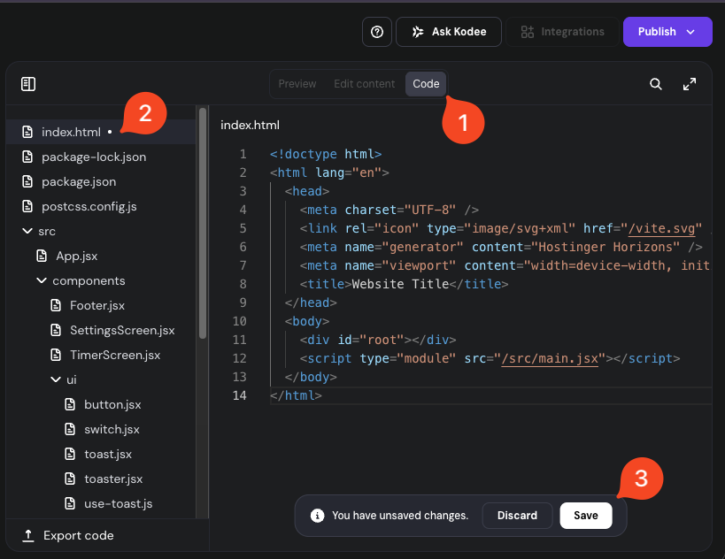 Hostinger Horizons code editor with the Code tab, index.html file, and Save button highlighted