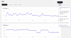 VPS dashboard with Kodee Help menu open, highlighting help for analyzing resources and top processes