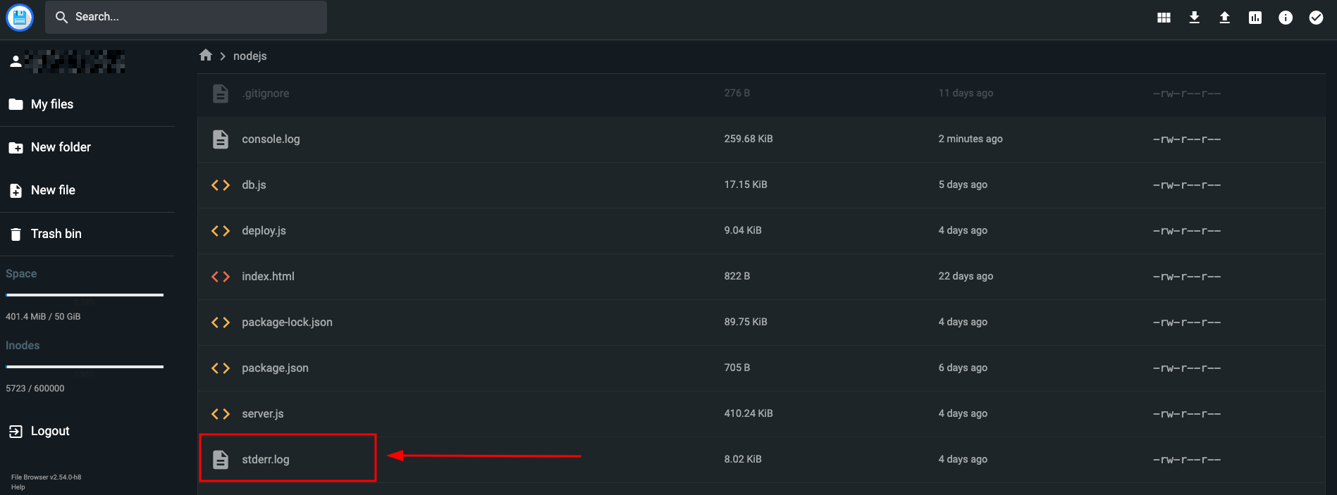 File browser showing nodejs folder with stderr.log highlighted