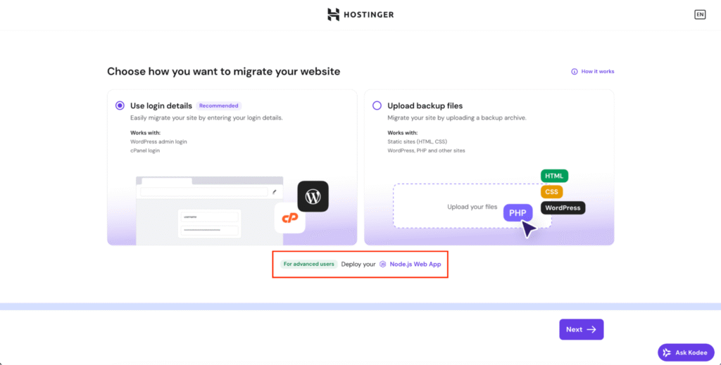 Hostinger Horizons menu highlighting &ldquo;Let others copy your project & get messages&rdquo; option