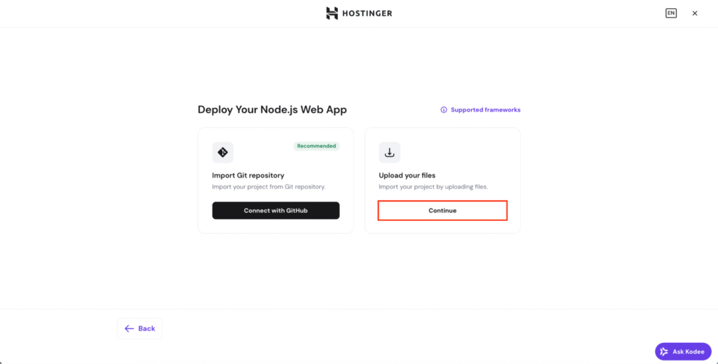 Hostinger Horizons modal to allow copying a project as a template