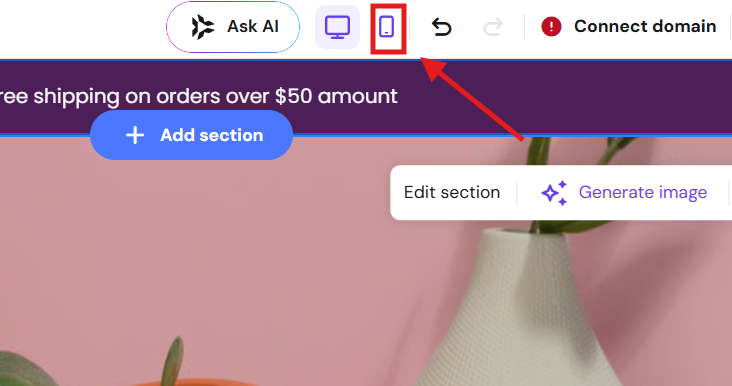 Mobile preview icon highlighted in the top toolbar