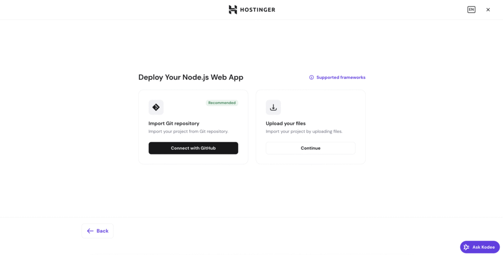Deploy Your Node.js Web App with options to import Git repo or upload files