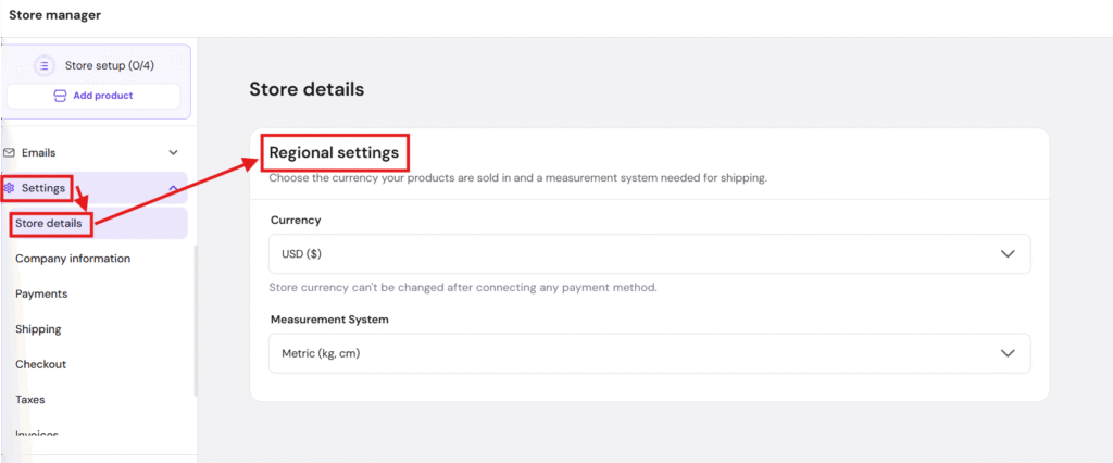 Store manager settings with Store details selected and regional settings panel open
