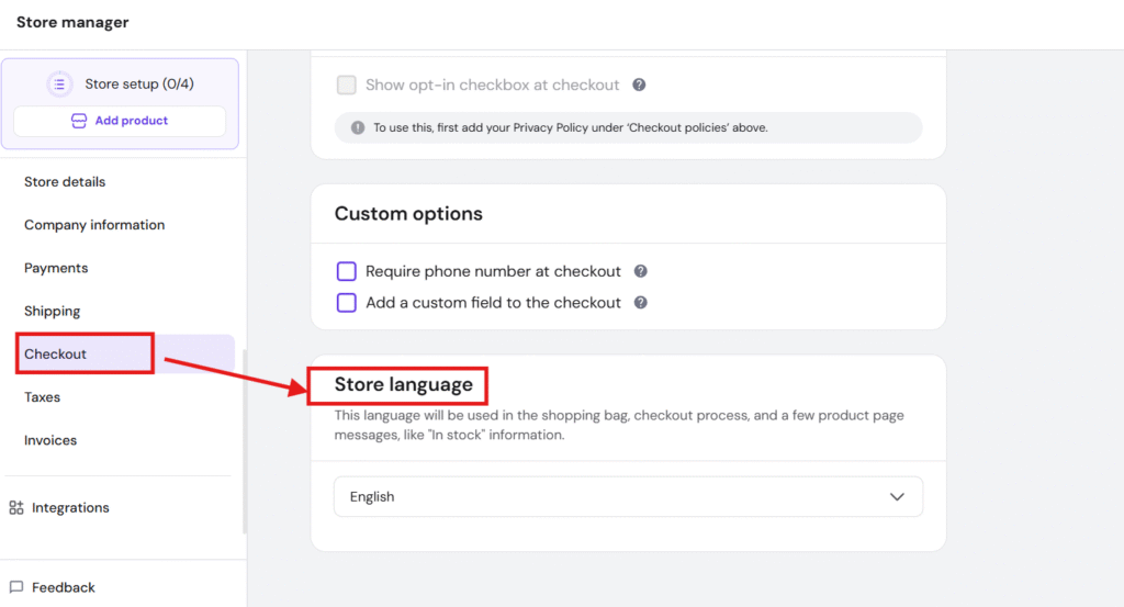 Store manager checkout settings with Store language section highlighted