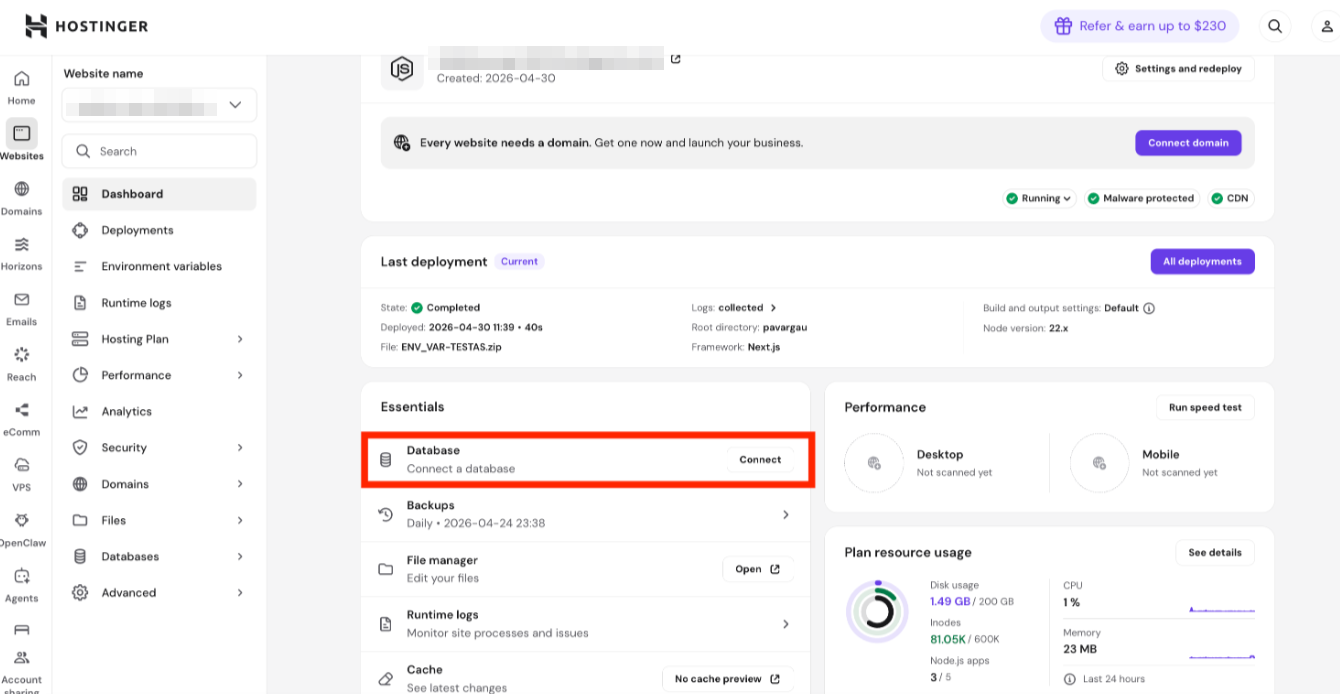 Hostinger website dashboard with Database section highlighted and Connect button