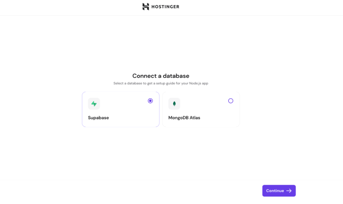 Hostinger setup screen to connect a database, with Supabase selected and Continue button visible
