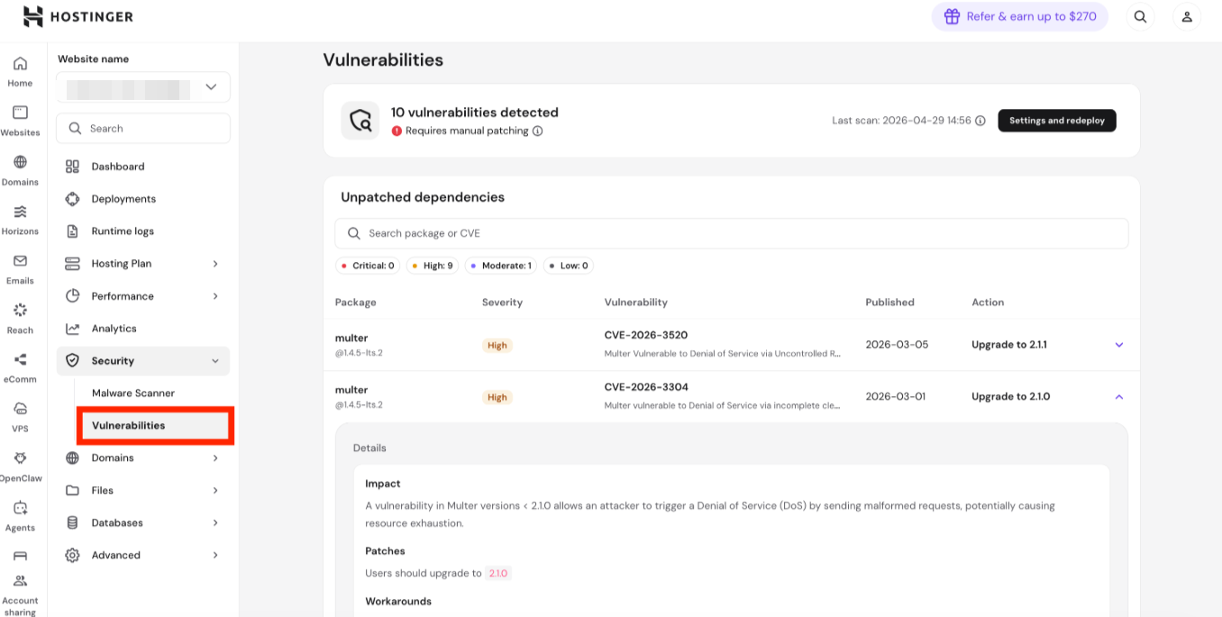 Hostinger Horizons vulnerabilities page with Vulnerabilities selected in the Security menu