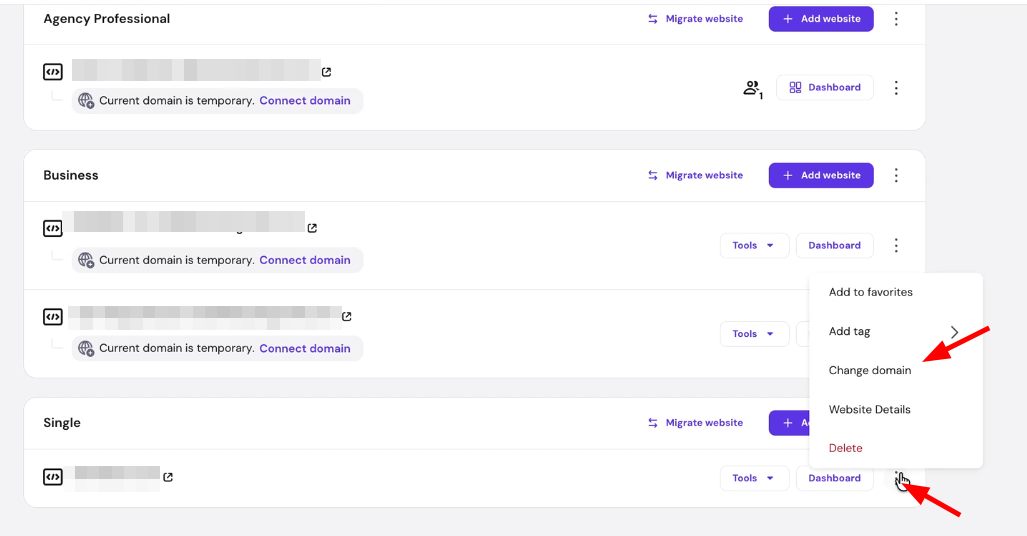 Website dashboard menu with Change domain option highlighted
