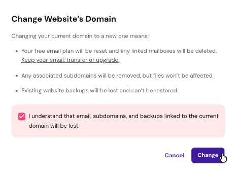 Domain change confirmation dialog with a required acknowledgment checkbox and Change button