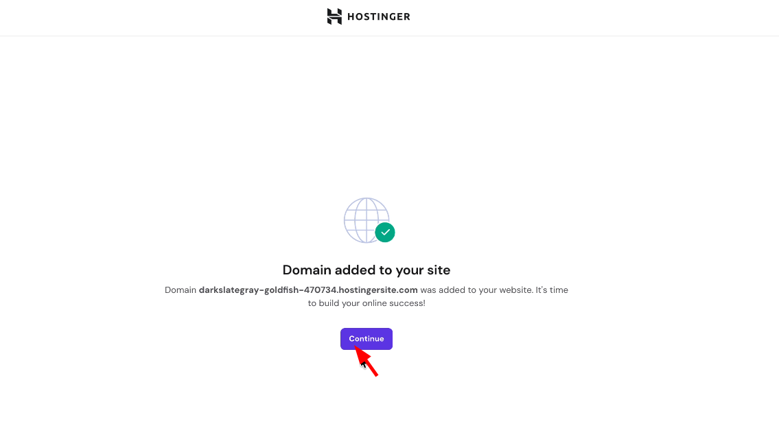 Hostinger domain added confirmation with Continue button highlighted by a red arrow