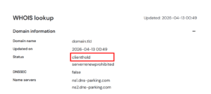 WHOIS lookup showing domain status clienthold highlighted