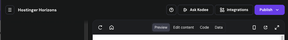 Hostinger Horizons top bar with menu, help, Ask Kodee, Integrations, Preview, and Publish button
