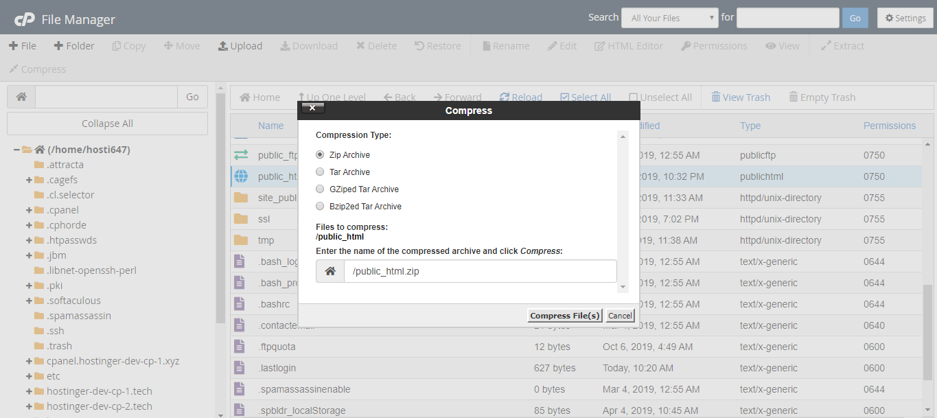 This image shows you the list of compression type in cPanel