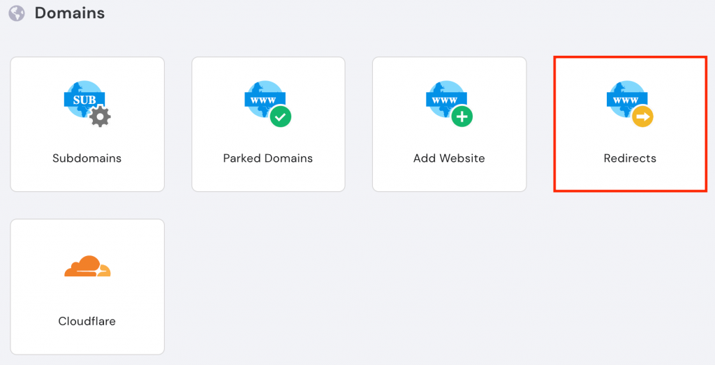 Domains section on the hPanel, highlighting Redirects