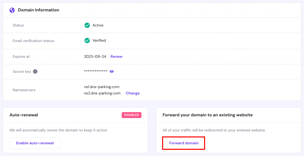 The Domains Overview page on hPanel. The forward domain option is highlighted