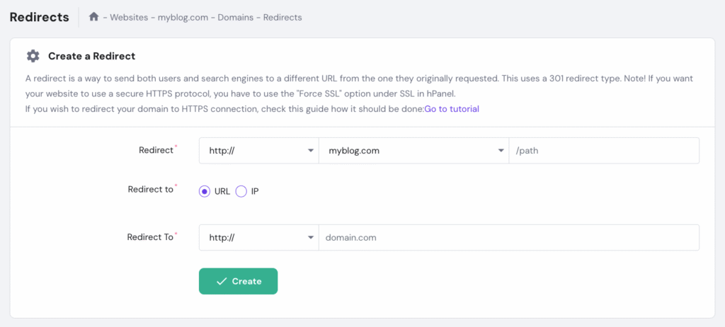 Domain redirection menu in hPanel