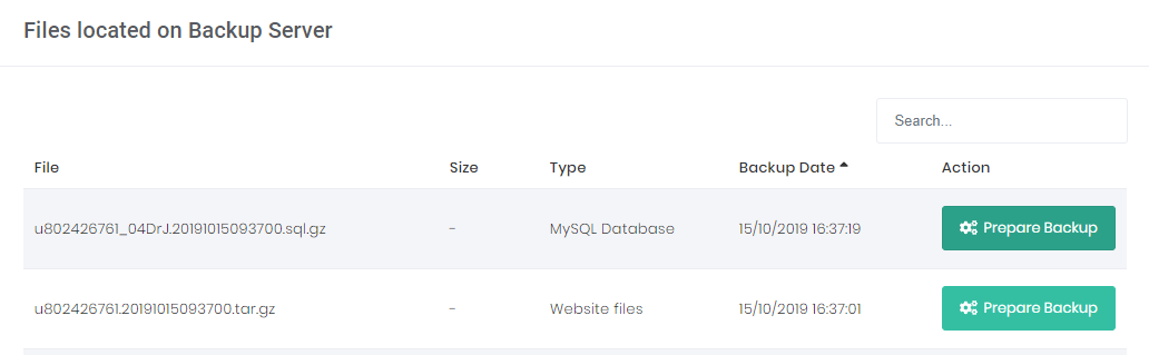 This image shows you a list of the backup files in the hPanel