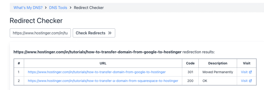 Redirect checker by What's My DNS