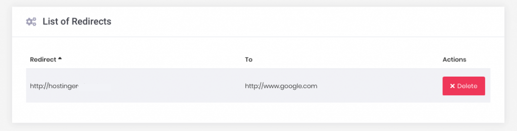 List of redirects created on hPanel