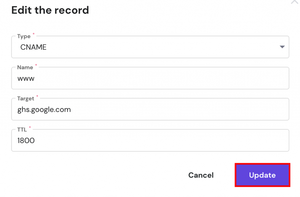 Hostinger's hPanel CNAME record editing page. Update button is highlighted
