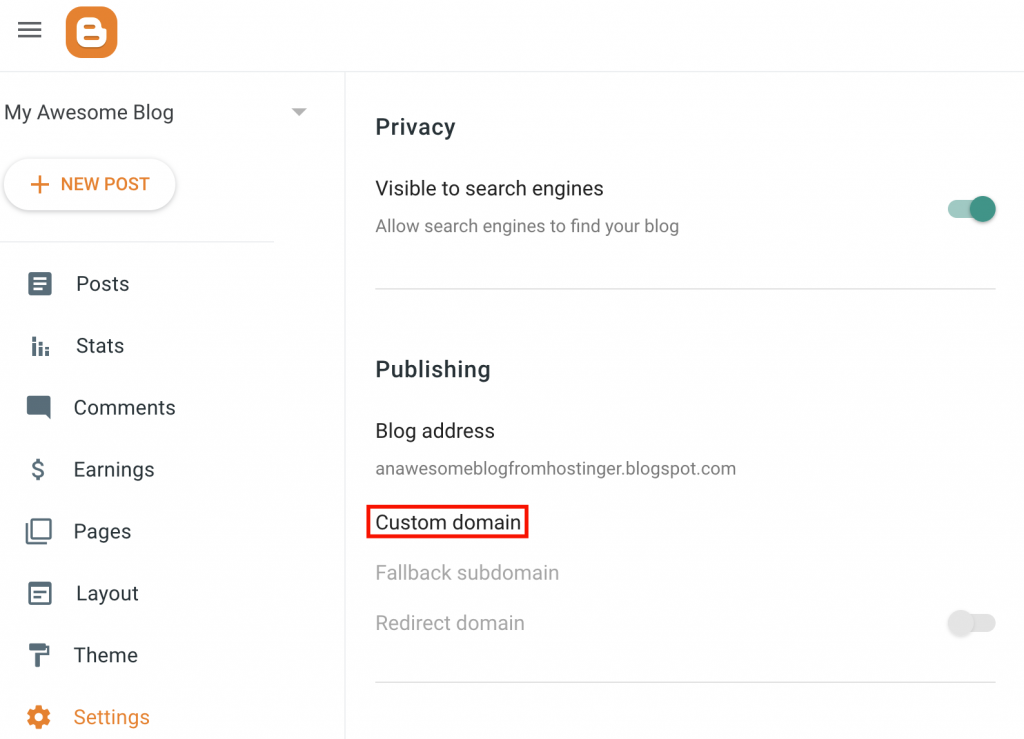 Settings section on Blogger, the Custom domain option is highlighted. Users can use their own custom domain name that they got from domain registrars instead of Google's one