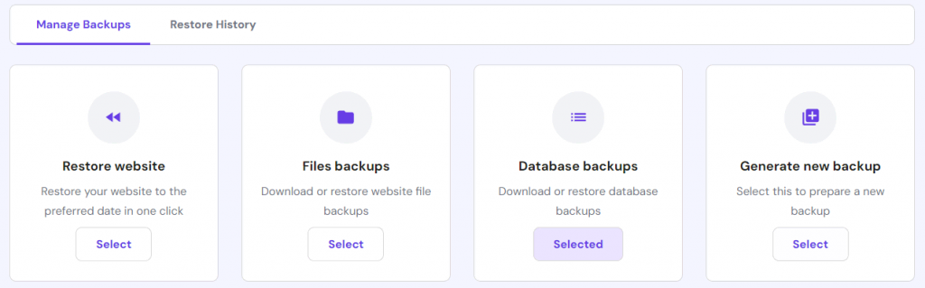 Backup selection menu in hPanel