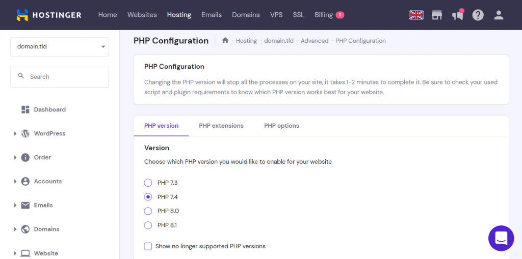 The PHP version tab in the PHP Configuration screen on hPanel
