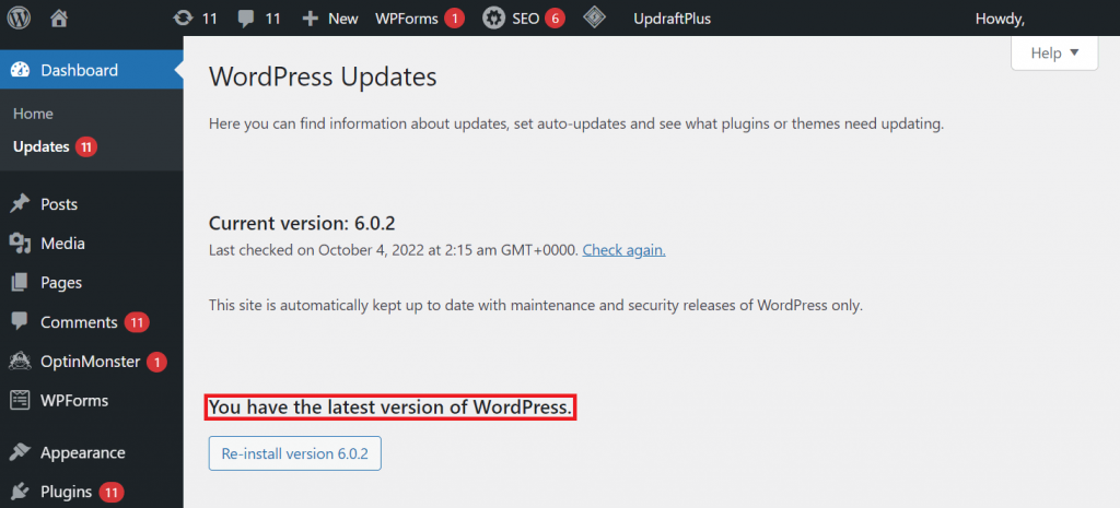 The "You have the latest version of WordPress." message on the WordPress dashboard