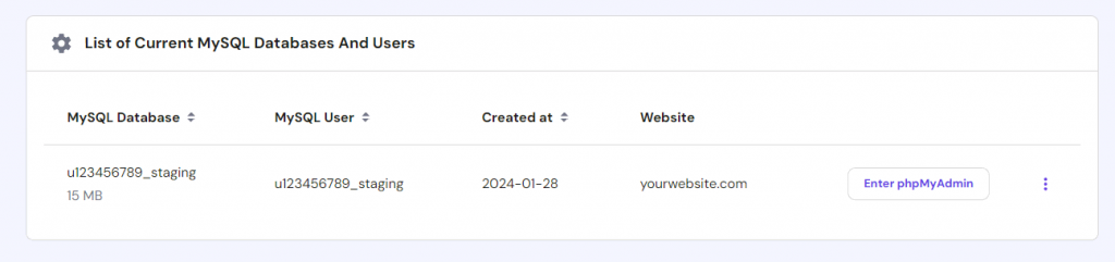 The database information in hPanel