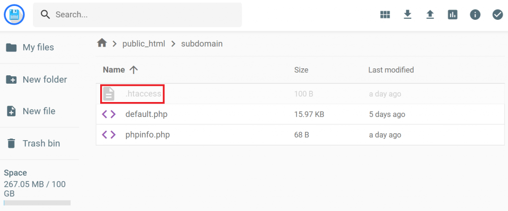 The .htaccess file in the subdomain folder in hPanel's file manager
