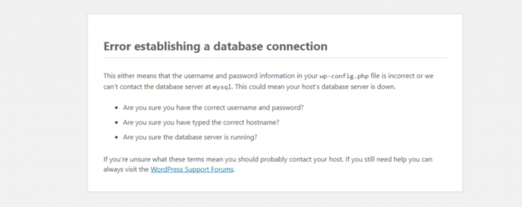 The error establishing database connection message with potential causes