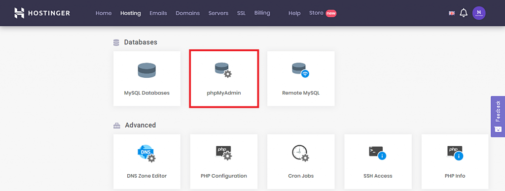 Accessing phpMyAdmin from the Hostinger hPanel dashboard