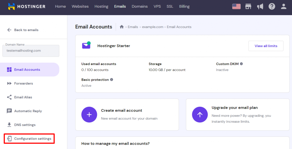 The Configuration settings page on hPanel