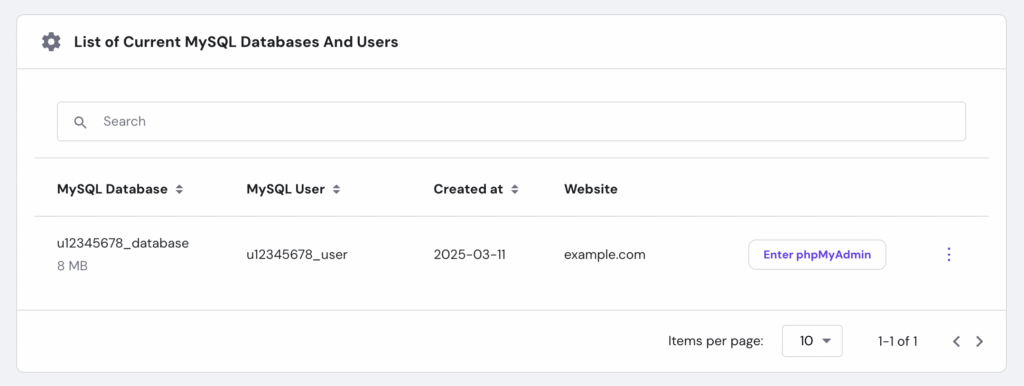 Screenshot of Hostinger hPanel showing the management page with the list of current MySQL databases and users.