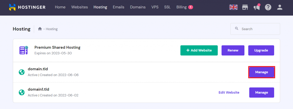 The Manage button next to the domain name on hPanel's Hosting screen